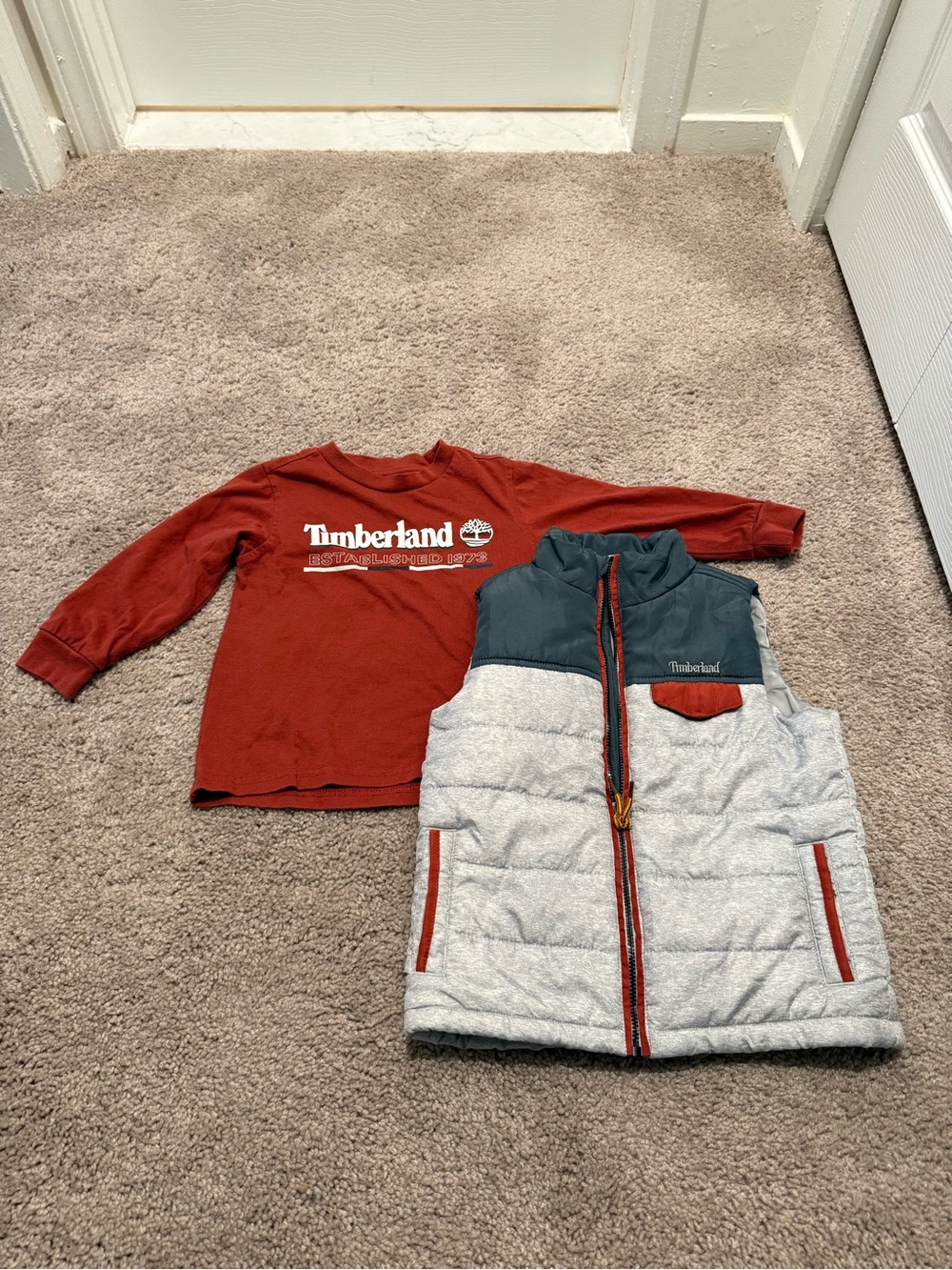 Timberland Red Long-Sleeve Tee with Gray & Green Puffer Vest